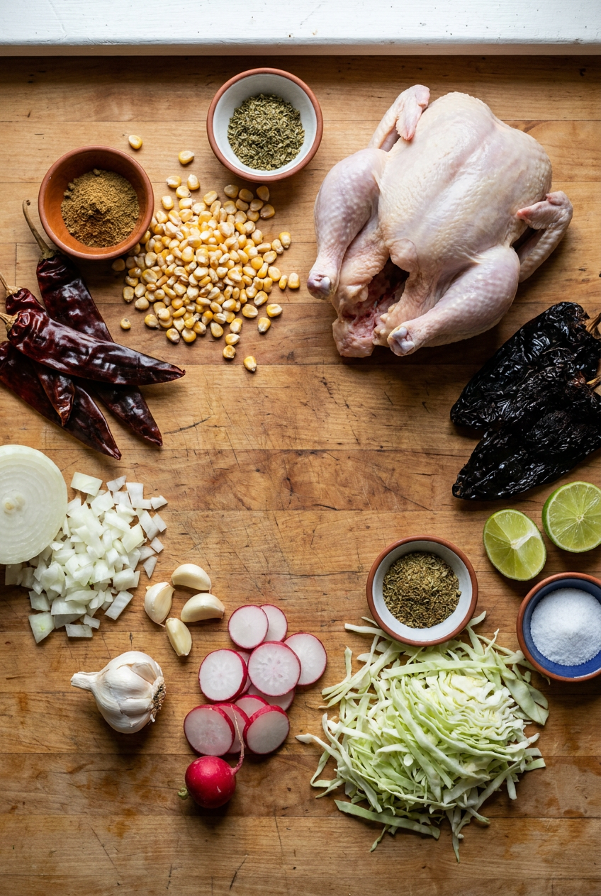 ingredients for Chicken Pozole Rojo