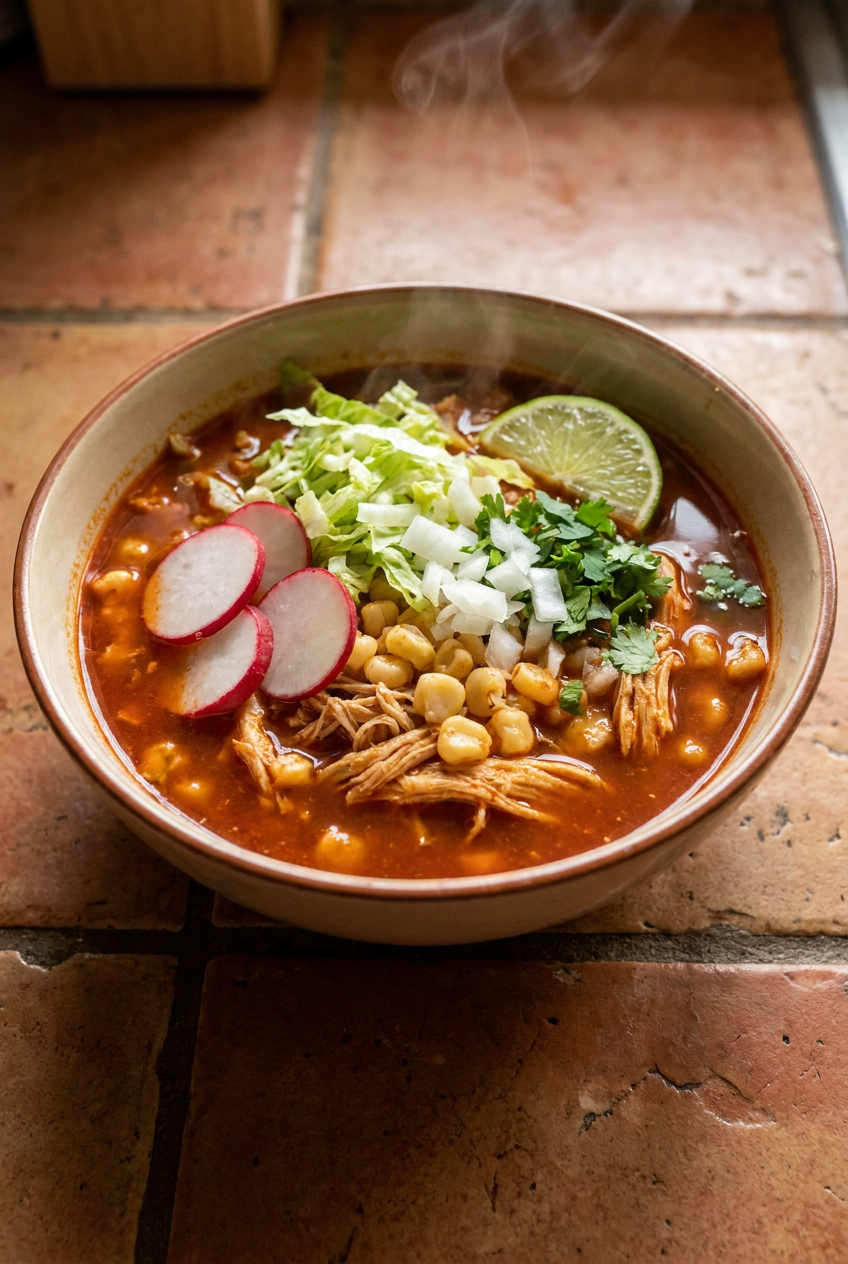 chicken pozole rojo recipe - Chicken Pozole Rojo served in a white bowl overhead view