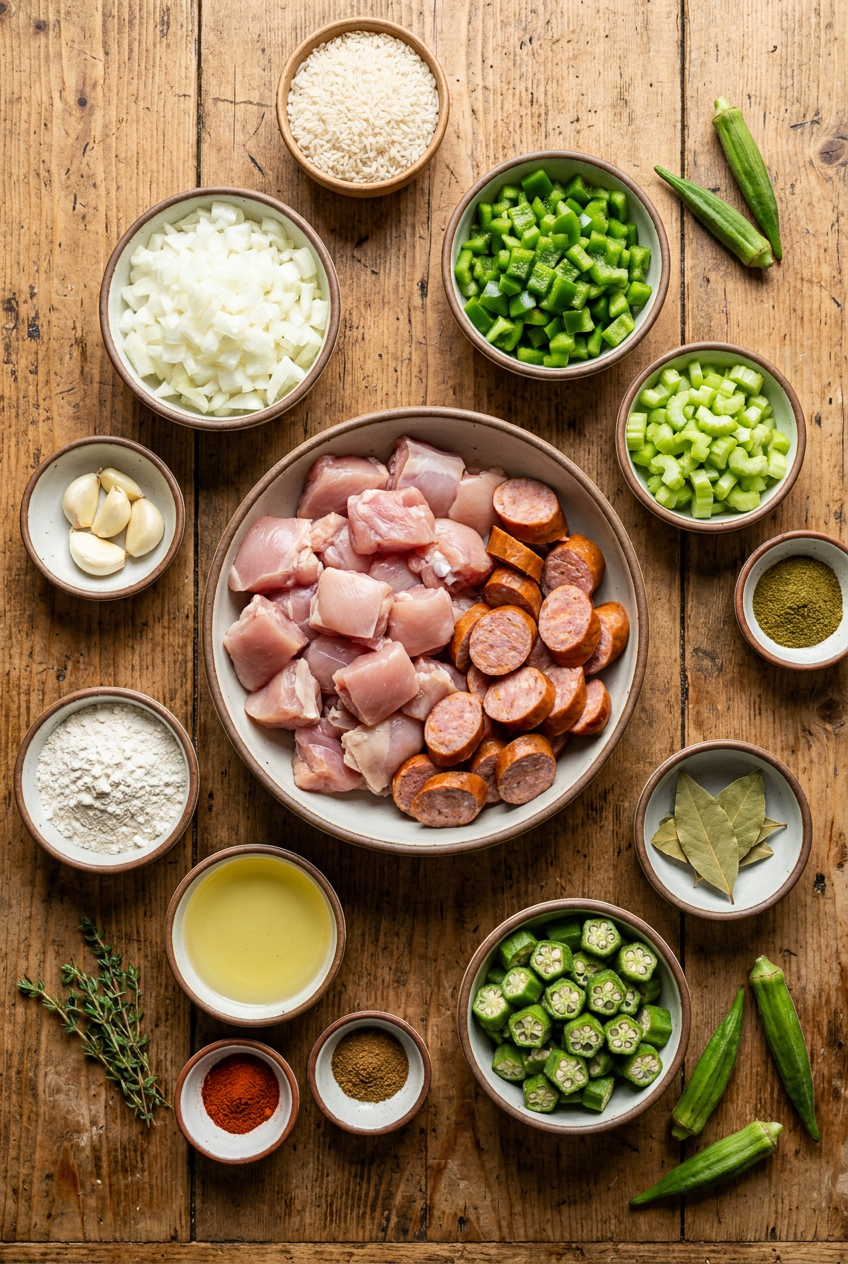 ingredients for Classic Chicken and Andouille Sausage Gumbo