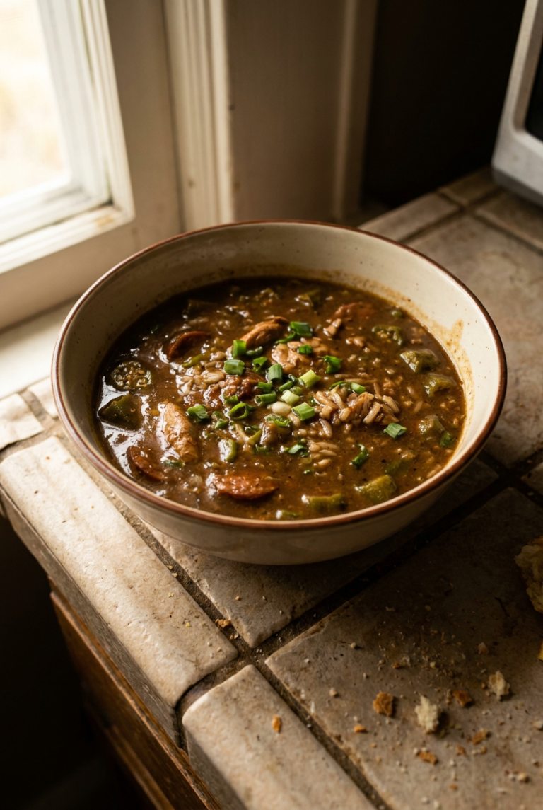 classic chicken and andouille sausage gumbo recipe - Classic Chicken and Andouille Sausage Gumbo served in a white bowl overhead view