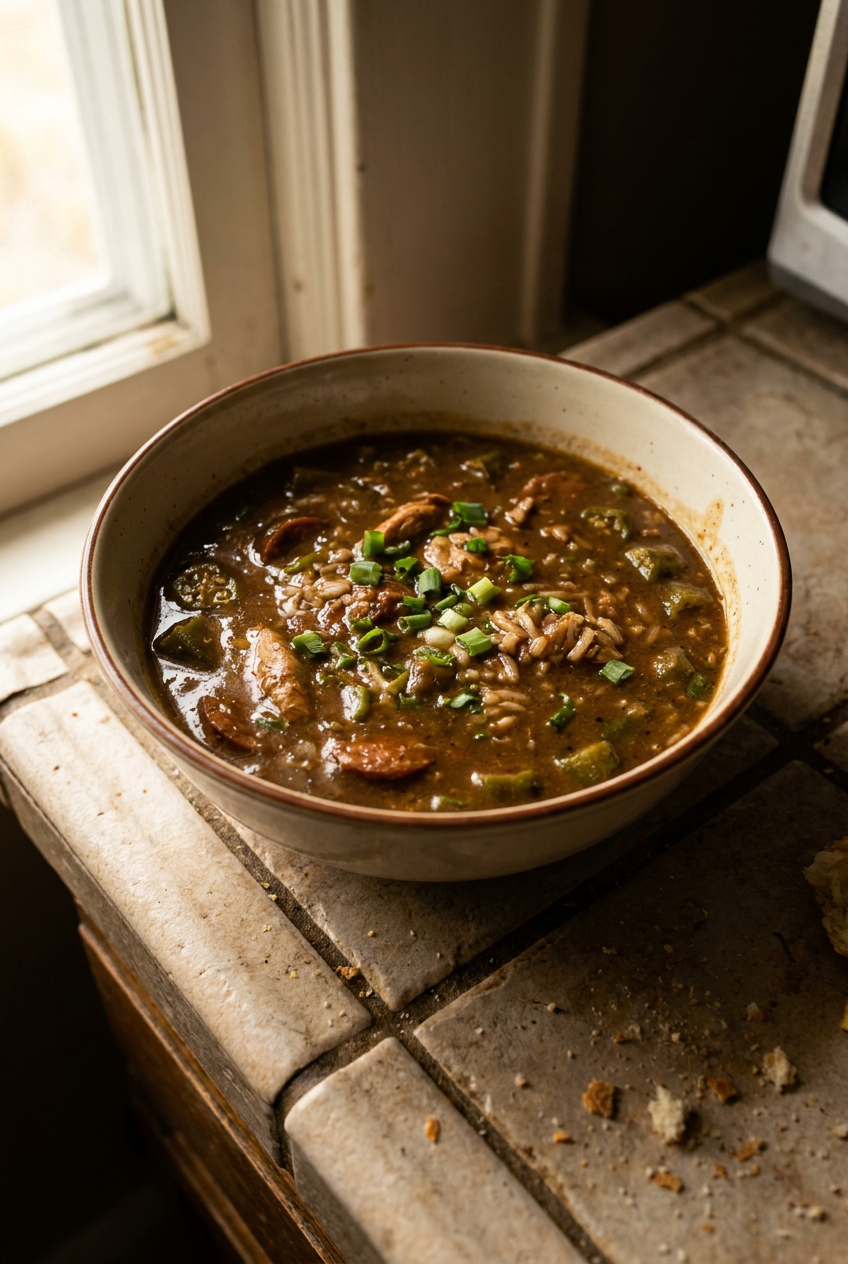 classic chicken and andouille sausage gumbo recipe - Classic Chicken and Andouille Sausage Gumbo served in a white bowl overhead view