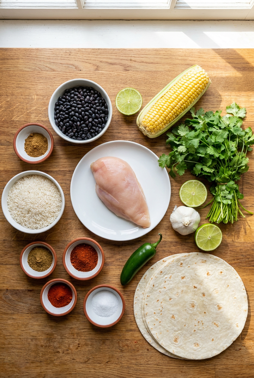 ingredients for Classic Chicken Burrito with Cilantro-Lime Rice