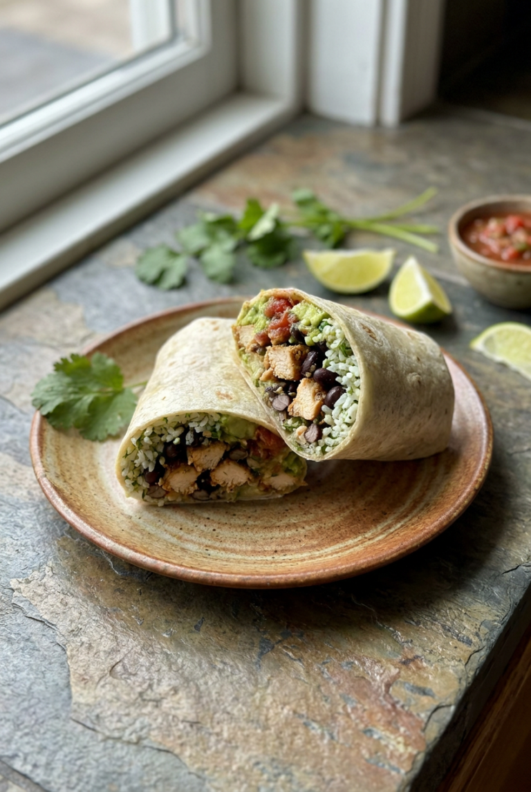 classic chicken burrito with cilantro-lime rice recipe - Classic Chicken Burrito with Cilantro-Lime Rice served in a white bowl overhead view