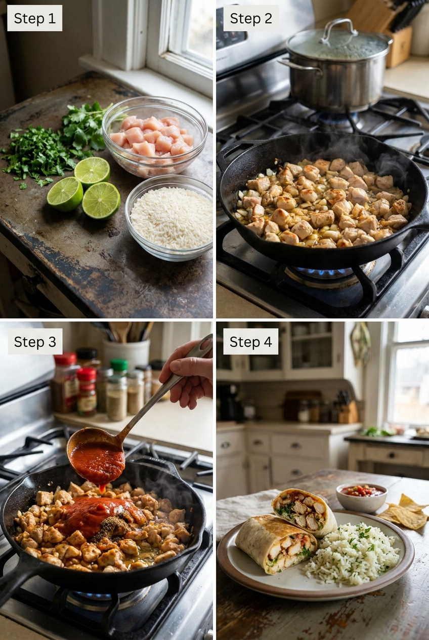 how to make Classic Chicken Burrito with Cilantro-Lime Rice step by step