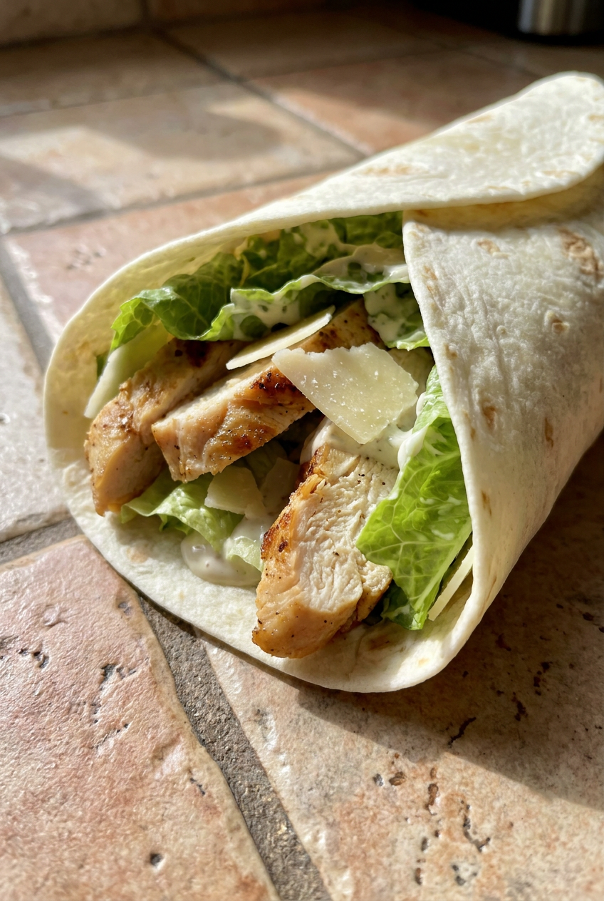 classic chicken caesar wrap recipe - Classic Chicken Caesar Wrap served in a white bowl overhead view