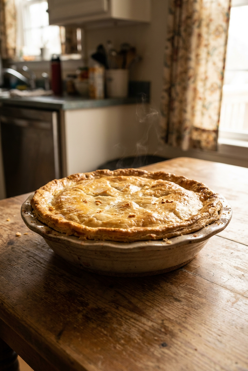 classic chicken pot pie with flaky butter crust recipe - Classic Chicken Pot Pie with Flaky Butter Crust served in a white bowl overhead view