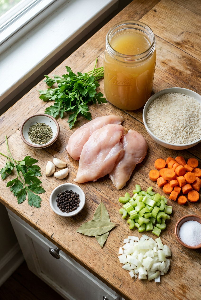 ingredients for Classic Chicken Rice Soup