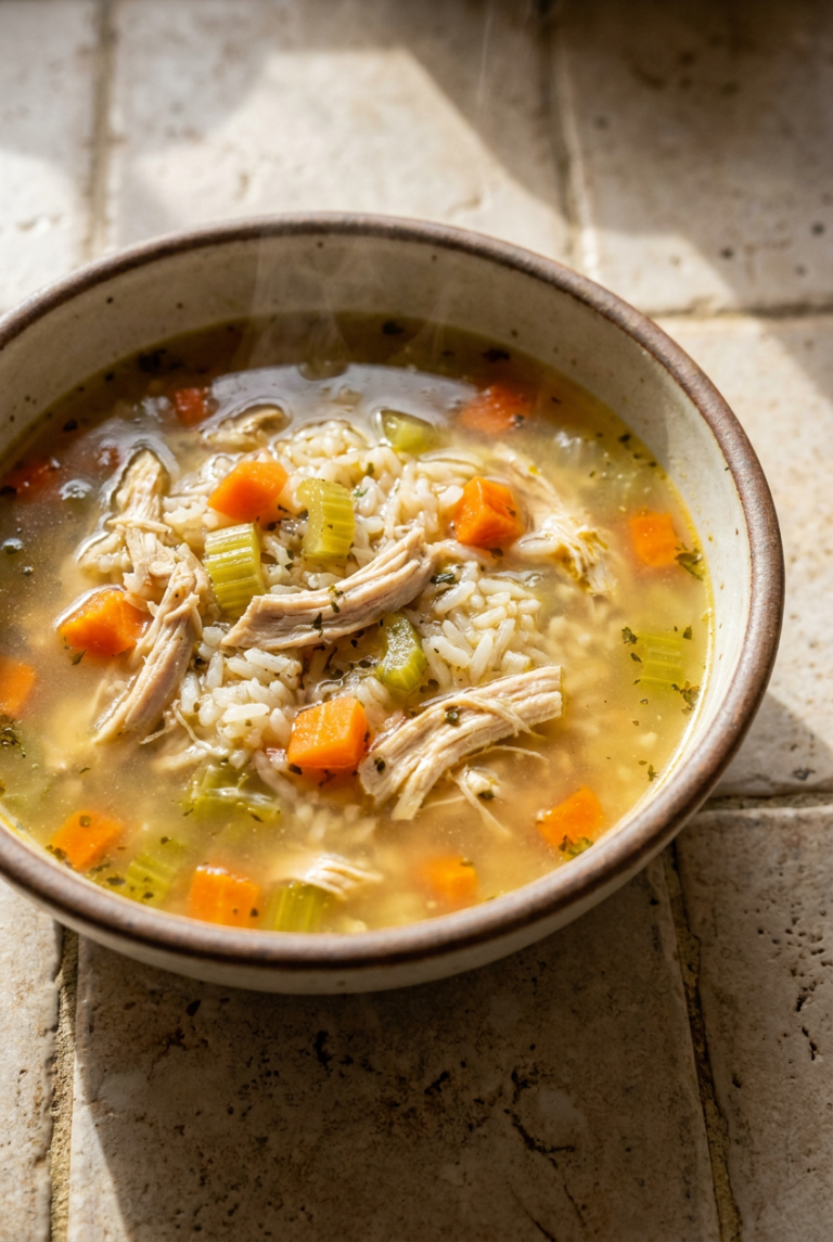 classic chicken rice soup recipe - Classic Chicken Rice Soup served in a white bowl overhead view