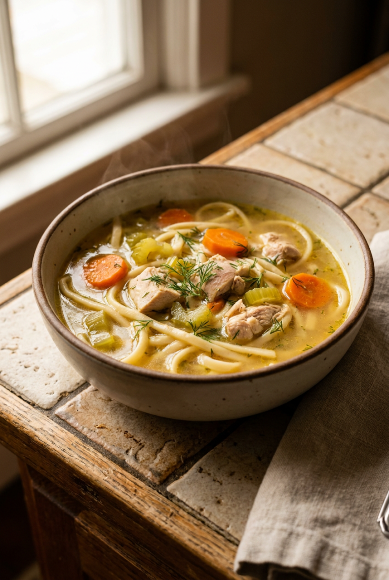 classic homemade chicken noodle soup recipe - Classic Homemade Chicken Noodle Soup served in a white bowl overhead view