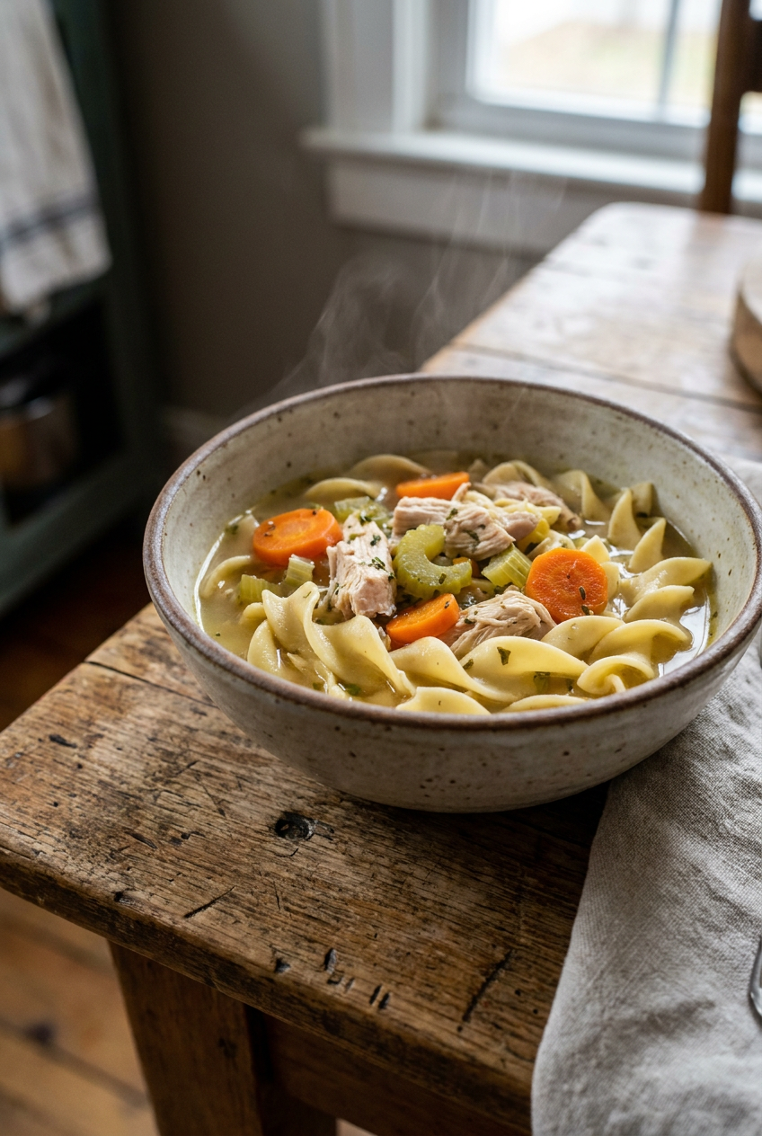 classic homemade chicken noodle soup recipe - Classic Homemade Chicken Noodle Soup served in a white bowl overhead view