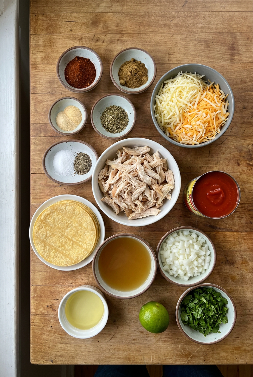 ingredients for Classic Red Sauce Chicken Enchiladas
