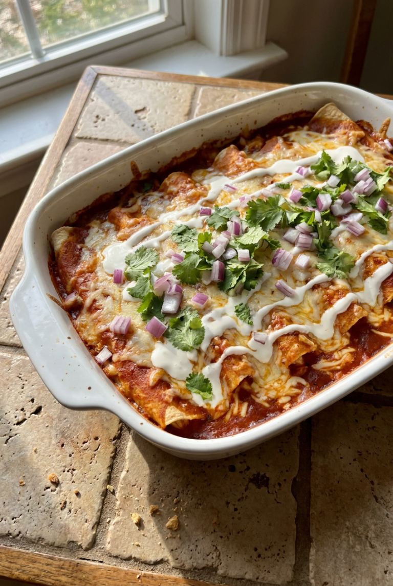 classic red sauce chicken enchiladas recipe - Classic Red Sauce Chicken Enchiladas served in a white bowl overhead view