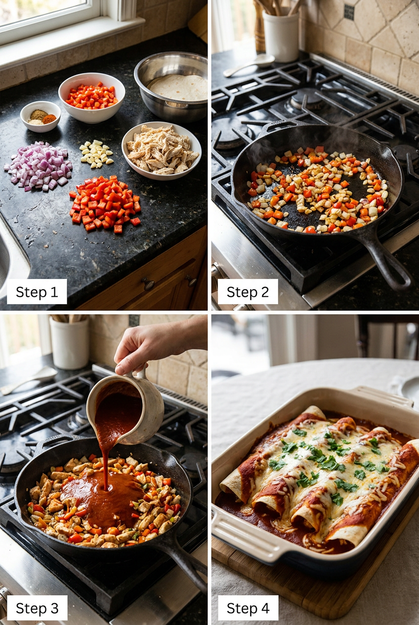 how to make Classic Red Sauce Chicken Enchiladas step by step