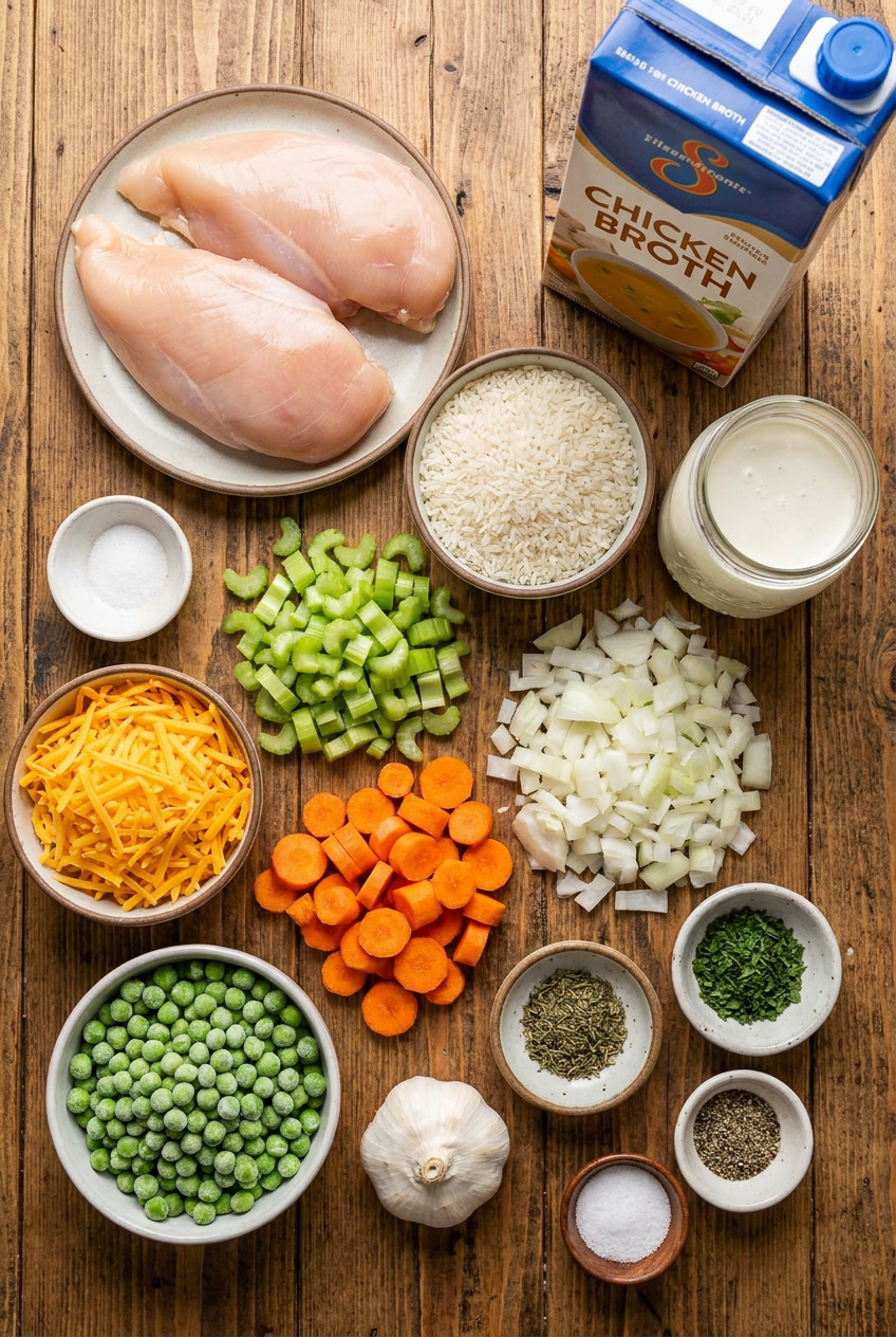Ingredients for a creamy chicken and rice casserole