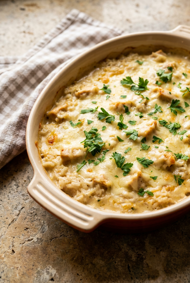 creamy chicken and rice casserole recipe - Creamy Chicken and Rice Casserole served in a white bowl overhead view