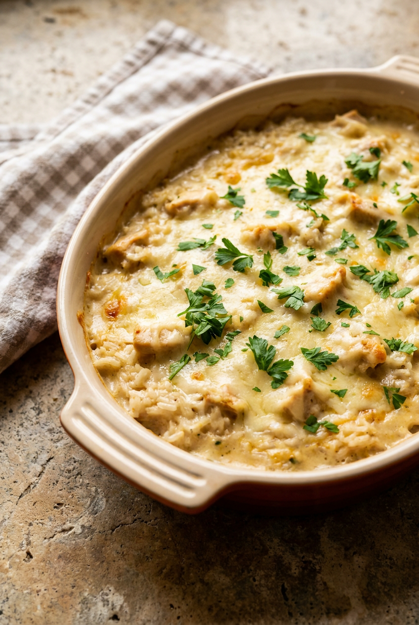 creamy chicken and rice casserole recipe - Creamy Chicken and Rice Casserole served in a white bowl overhead view