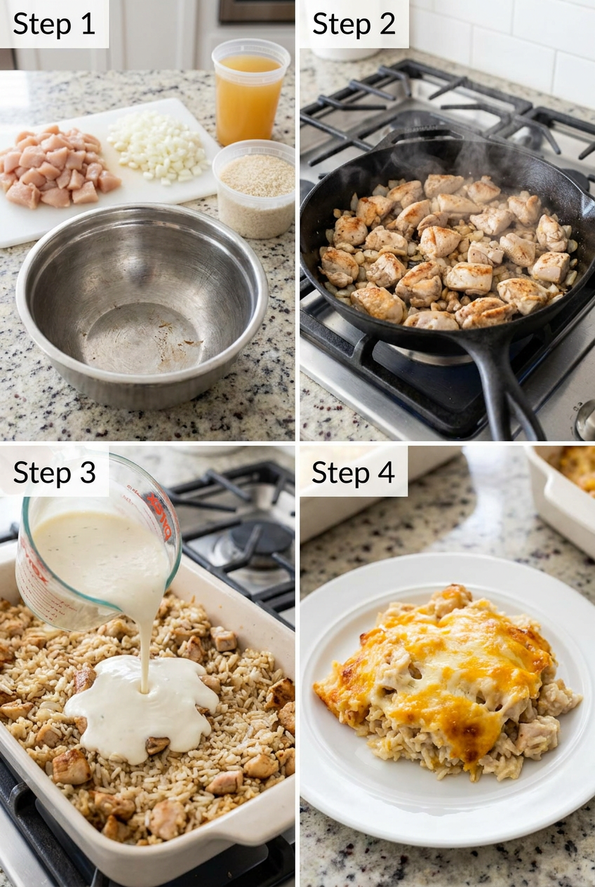 Step by step guide to making a creamy chicken and rice casserole