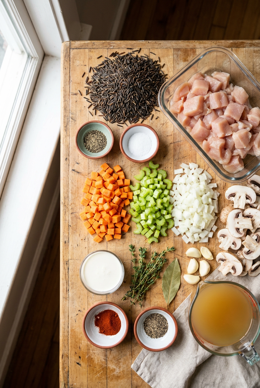 ingredients for Creamy Chicken Wild Rice Soup