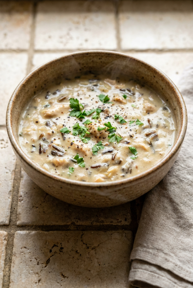 creamy chicken wild rice soup recipe - Creamy Chicken Wild Rice Soup served in a white bowl overhead view