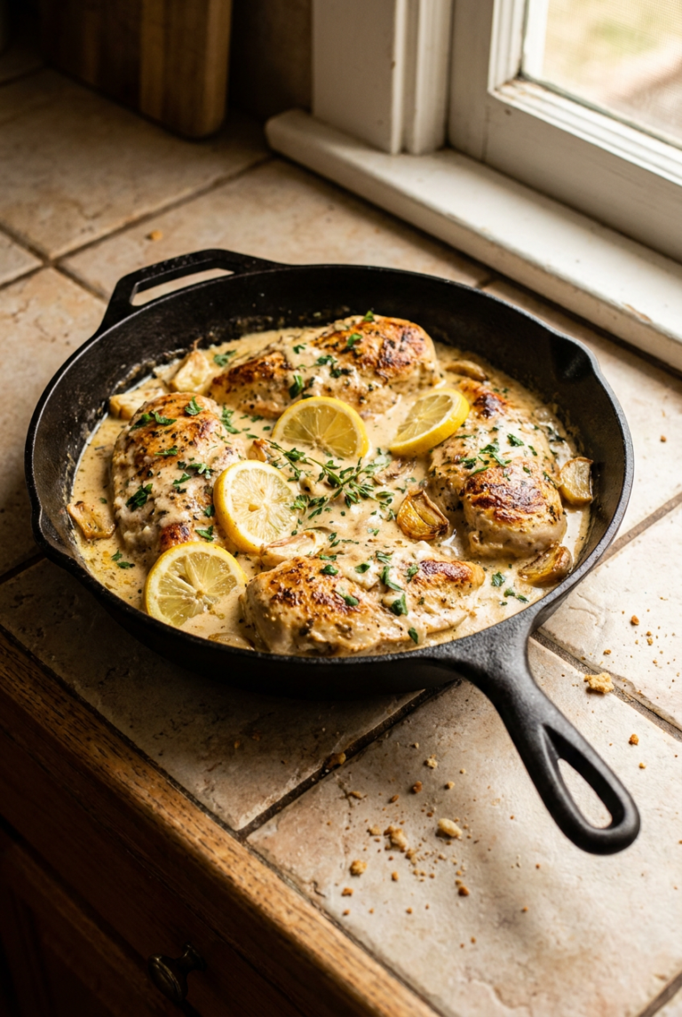 creamy lemon garlic chicken breast recipe - Creamy Lemon Garlic Chicken Breast served in a white bowl overhead view