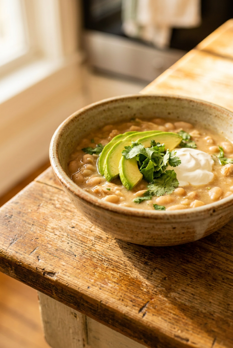 creamy white bean chicken chili recipe - Creamy White Bean Chicken Chili served in a white bowl overhead view