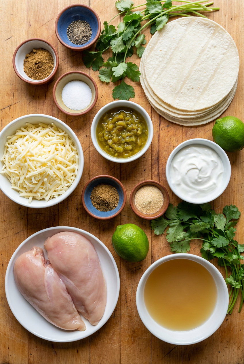 ingredients for Creamy White Chicken Enchiladas with Green Chiles and Monterey Jack