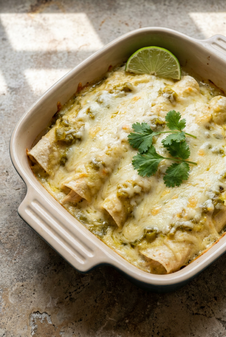 creamy white chicken enchiladas with green chiles and monterey jack recipe - Creamy White Chicken Enchiladas with Green Chiles and Monterey Jack served in a white bowl overhead view