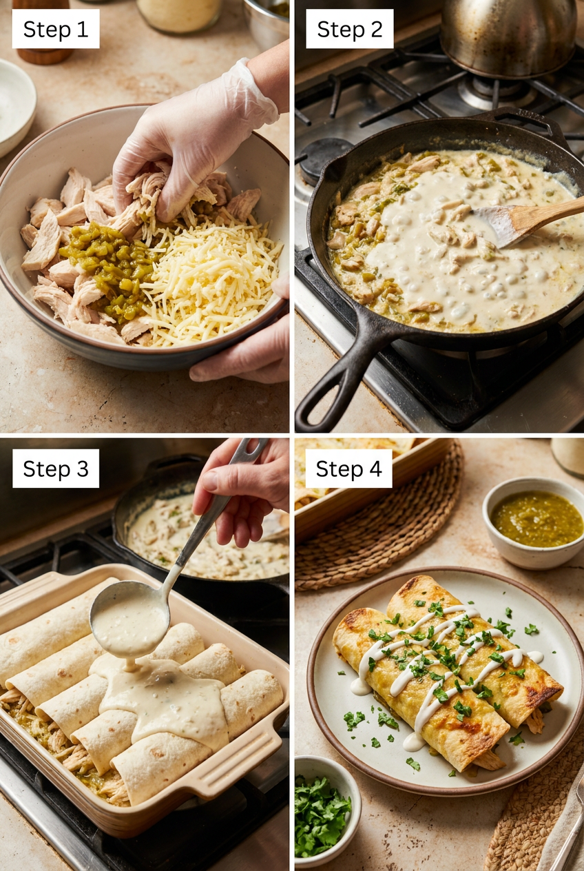 how to make Creamy White Chicken Enchiladas with Green Chiles and Monterey Jack step by step