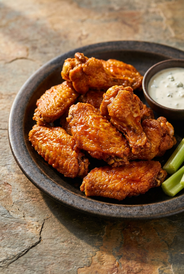 crispy air fryer buffalo chicken wings recipe - Crispy Air Fryer Buffalo Chicken Wings served in a white bowl overhead view