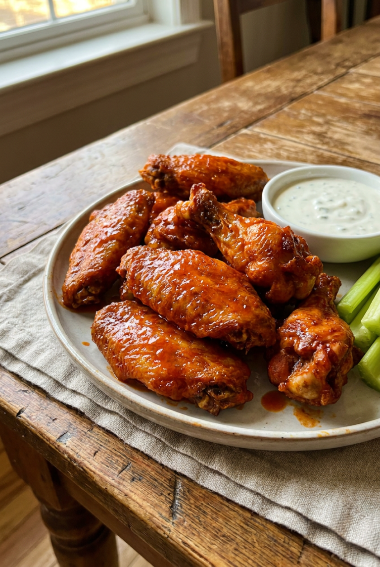 crispy baked buffalo chicken wings recipe - Crispy Baked Buffalo Chicken Wings served in a white bowl overhead view