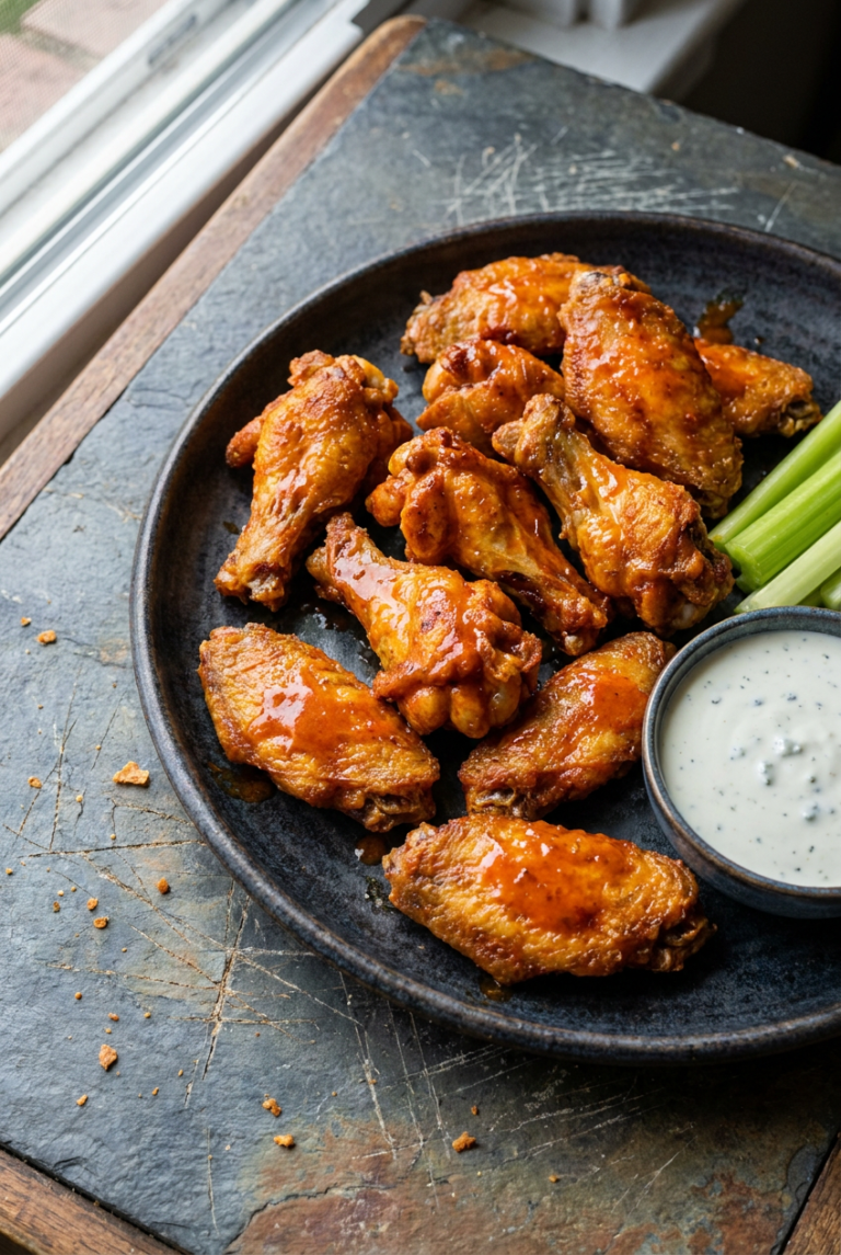 crispy baked buffalo chicken wings recipe - Crispy Baked Buffalo Chicken Wings served in a white bowl overhead view