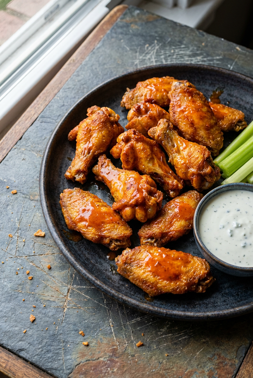 crispy baked buffalo chicken wings recipe - Crispy Baked Buffalo Chicken Wings served in a white bowl overhead view