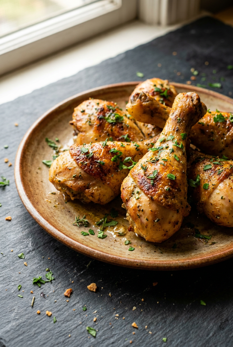 crispy baked chicken drumsticks with herb-garlic butter recipe - Crispy Baked Chicken Drumsticks with Herb-Garlic Butter served in a white bowl overhead view