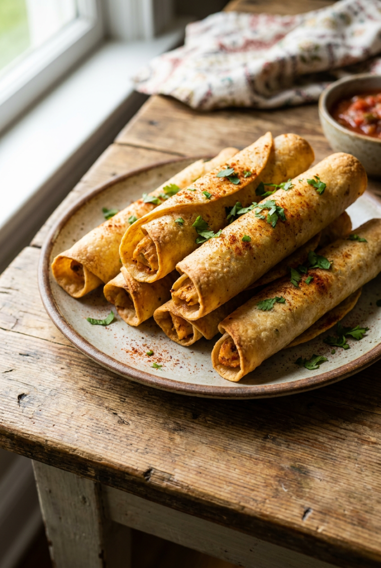 crispy baked chicken taquitos recipe - Crispy Baked Chicken Taquitos served in a white bowl overhead view