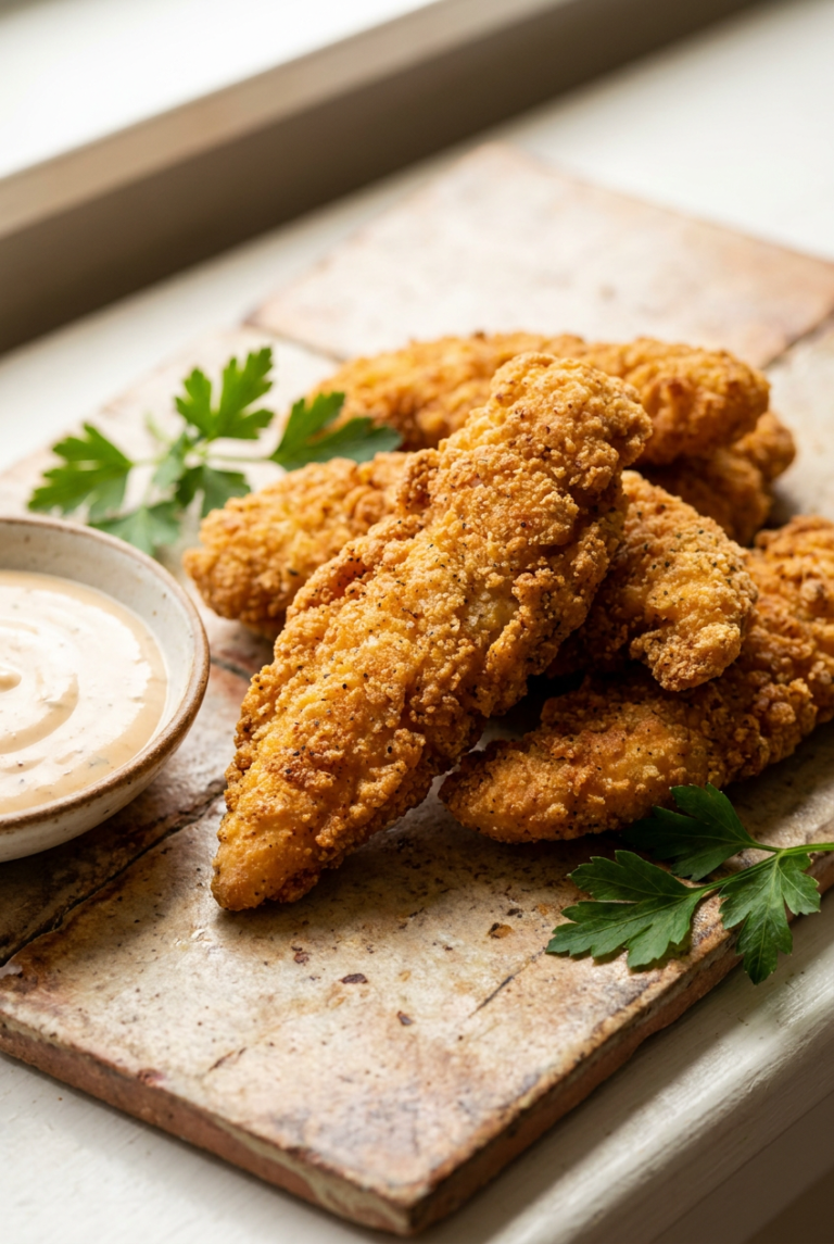 crispy buttermilk chicken tenders recipe - Crispy Buttermilk Chicken Tenders served in a white bowl overhead view