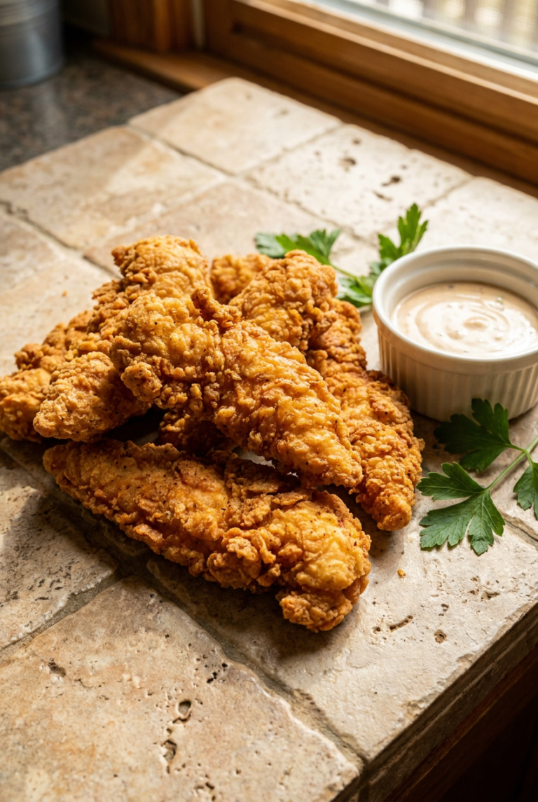 crispy buttermilk fried chicken tenders recipe - Crispy Buttermilk Fried Chicken Tenders served in a white bowl overhead view