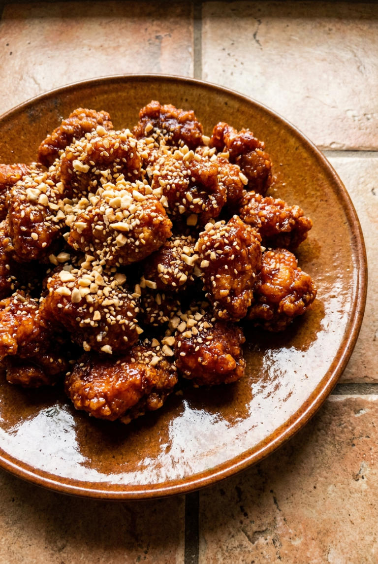 crispy korean fried chicken (dakgangjeong) recipe - Crispy Korean Fried Chicken (Dakgangjeong) served in a white bowl overhead view