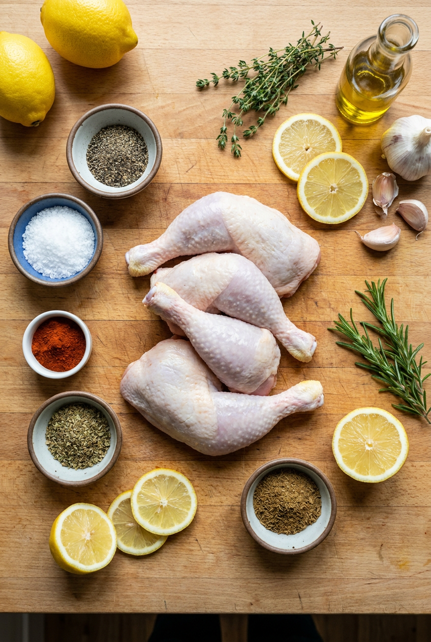 ingredients for Crispy Mediterranean Lemon-Herb Roasted Chicken Legs