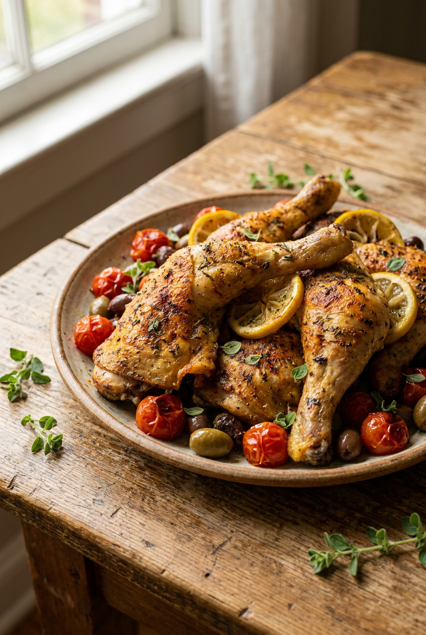 crispy mediterranean lemon-herb roasted chicken legs recipe - Crispy Mediterranean Lemon-Herb Roasted Chicken Legs served in a white bowl overhead view