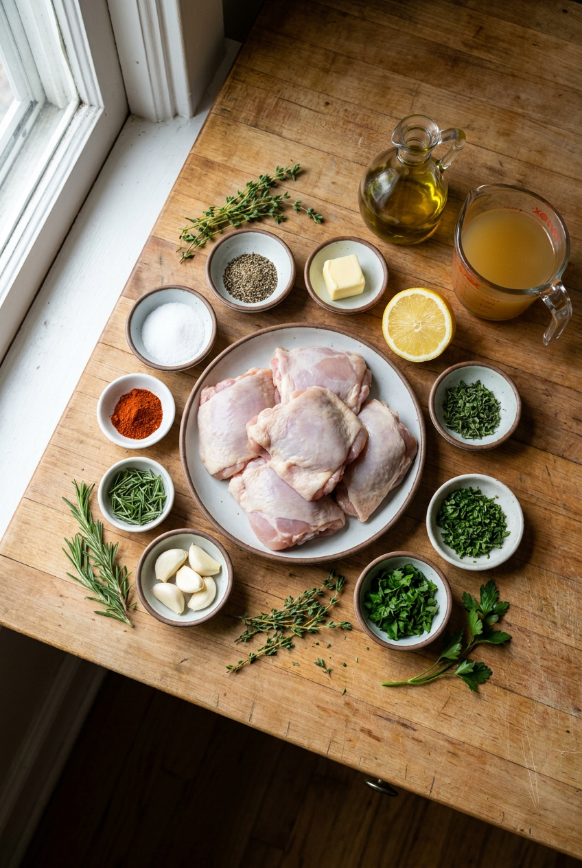 ingredients for Crispy Skillet Chicken Thighs with Garlic Herb Pan Sauce