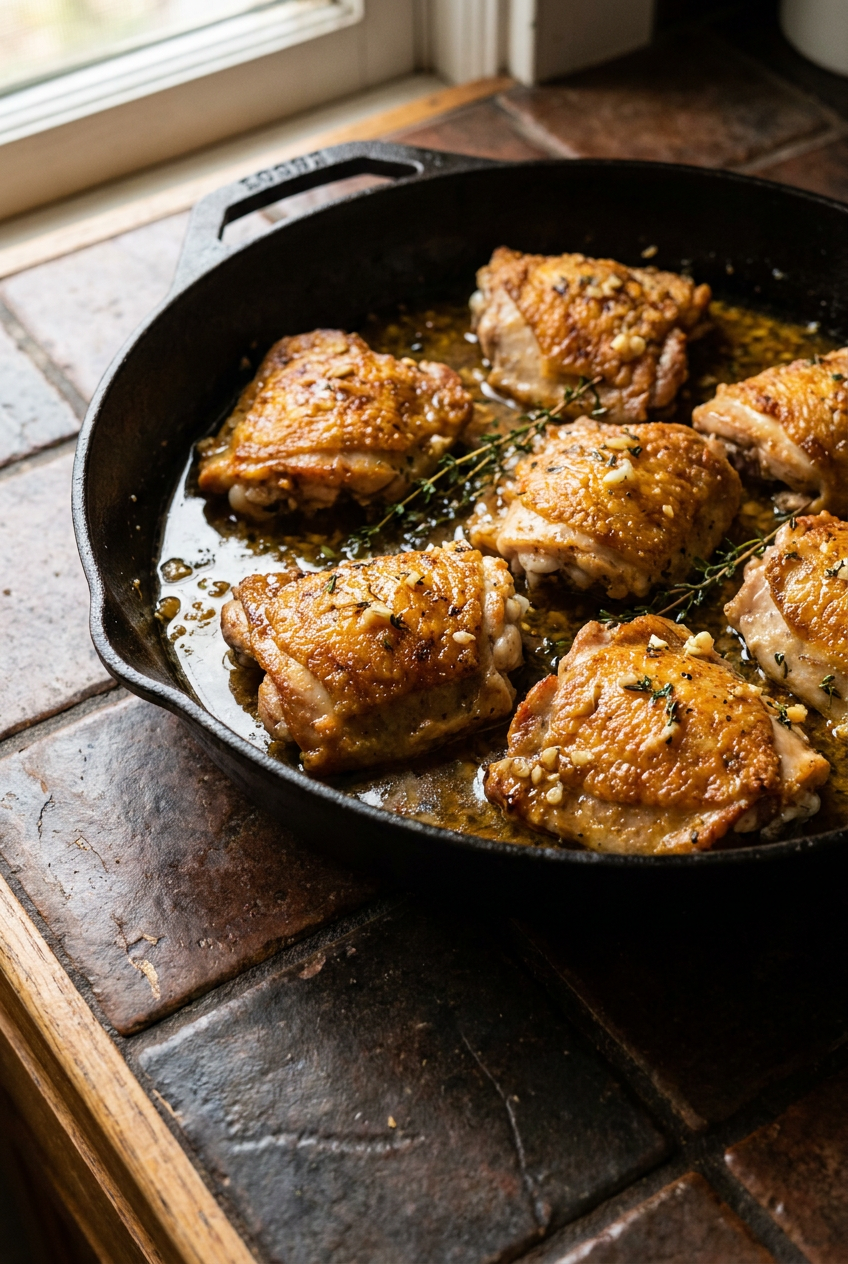 crispy skillet chicken thighs with garlic herb pan sauce recipe - Crispy Skillet Chicken Thighs with Garlic Herb Pan Sauce served in a white bowl overhead view
