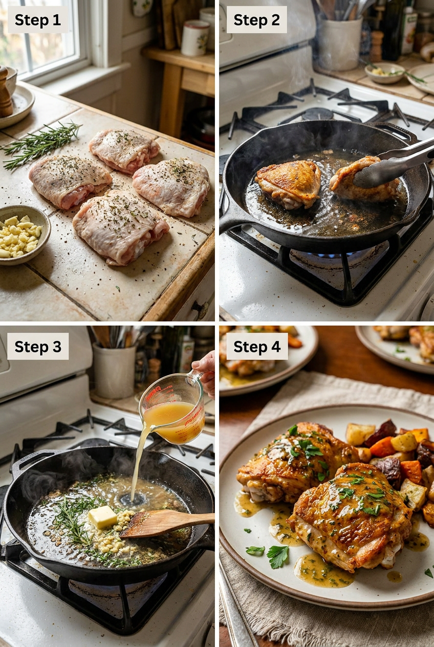 how to make Crispy Skillet Chicken Thighs with Garlic Herb Pan Sauce step by step