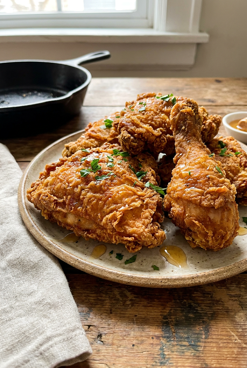 crispy southern buttermilk fried chicken recipe - Crispy Southern Buttermilk Fried Chicken served in a white bowl overhead view