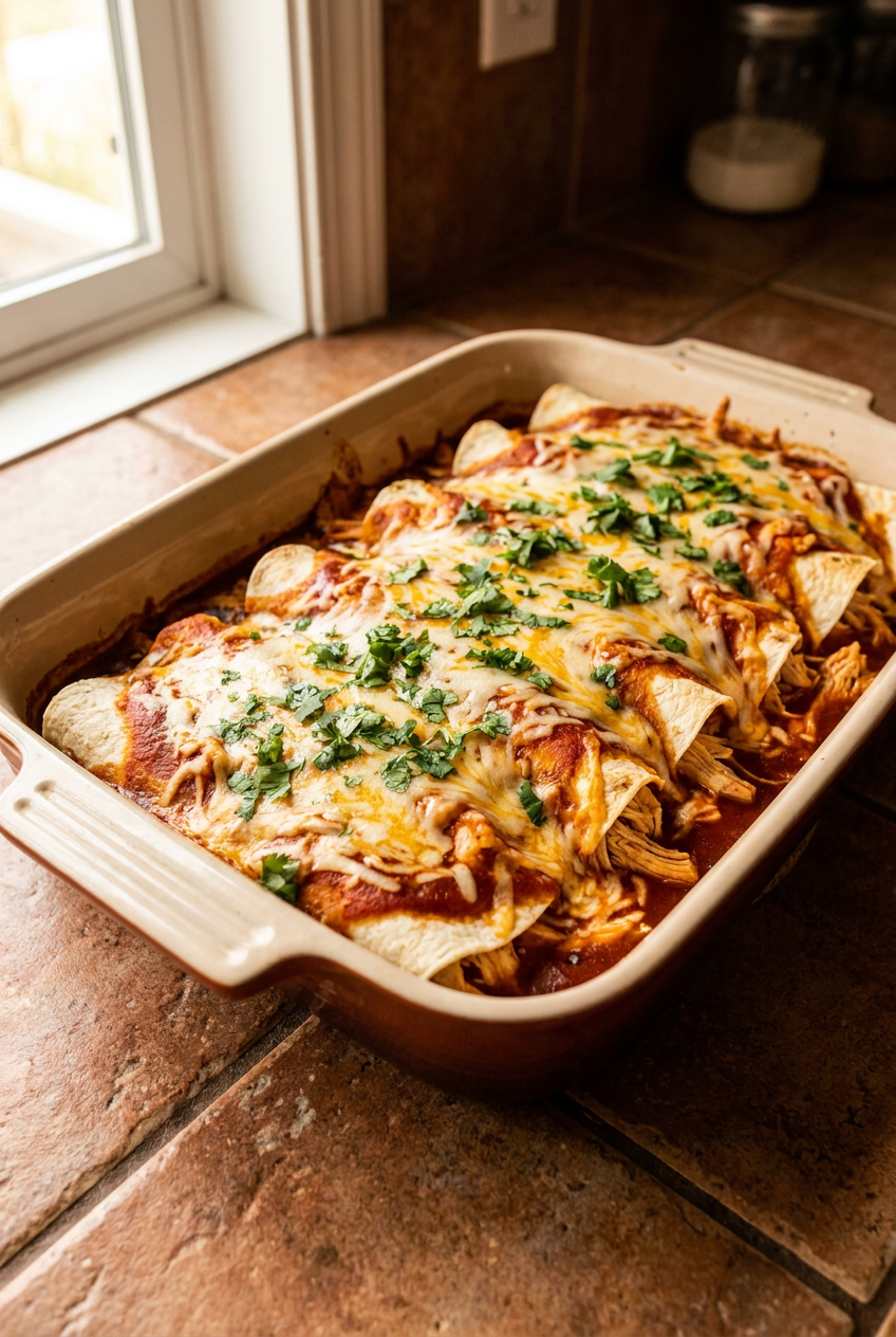 easy chicken enchilada casserole recipe - Easy Chicken Enchilada Casserole served in a white bowl overhead view