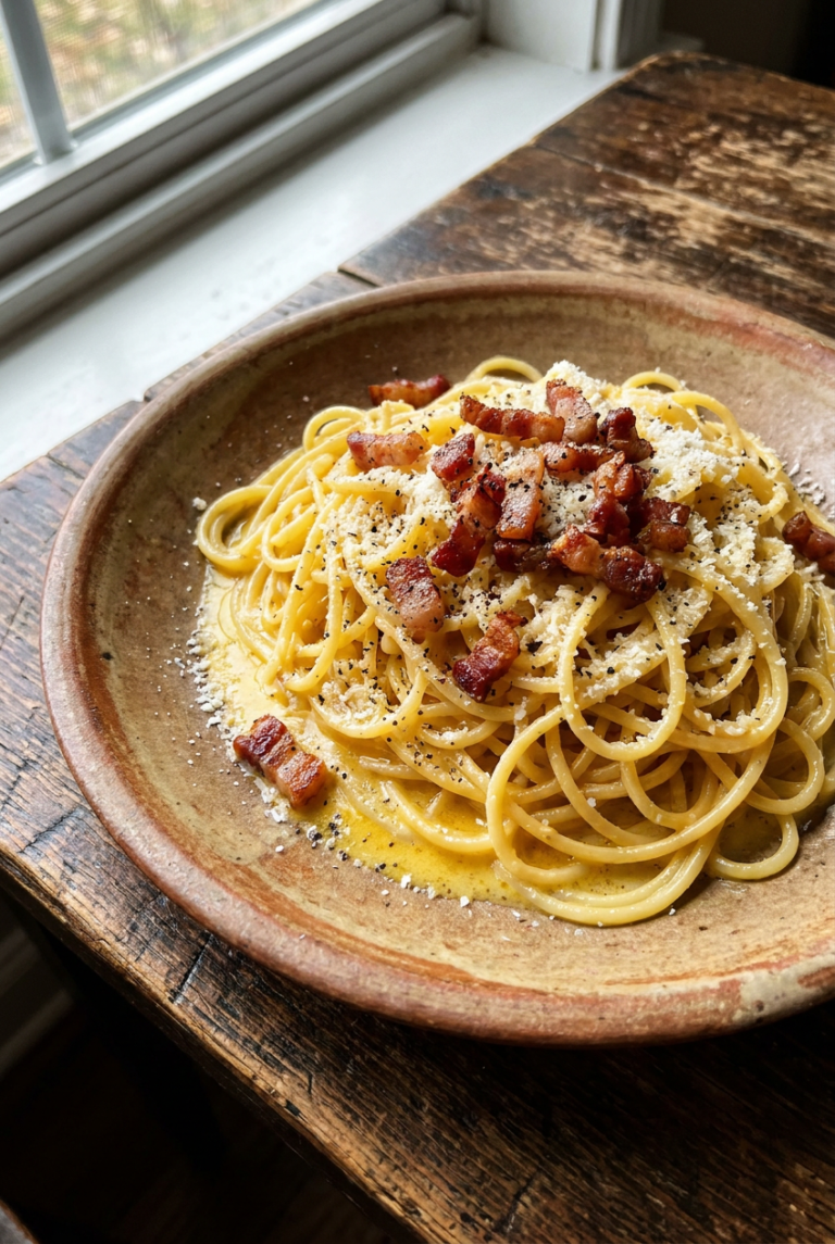 easy spaghetti carbonara recipe - Easy Spaghetti Carbonara served in a white bowl overhead view