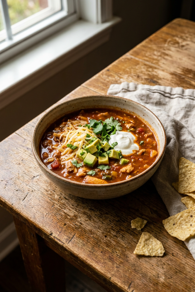 hearty chicken enchilada soup recipe - Hearty Chicken Enchilada Soup served in a white bowl overhead view