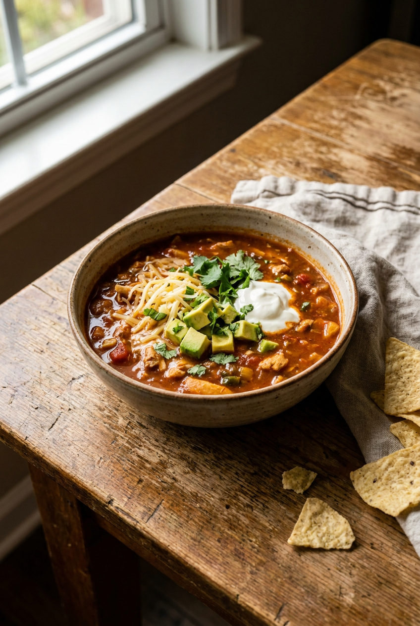 hearty chicken enchilada soup recipe - Hearty Chicken Enchilada Soup served in a white bowl overhead view