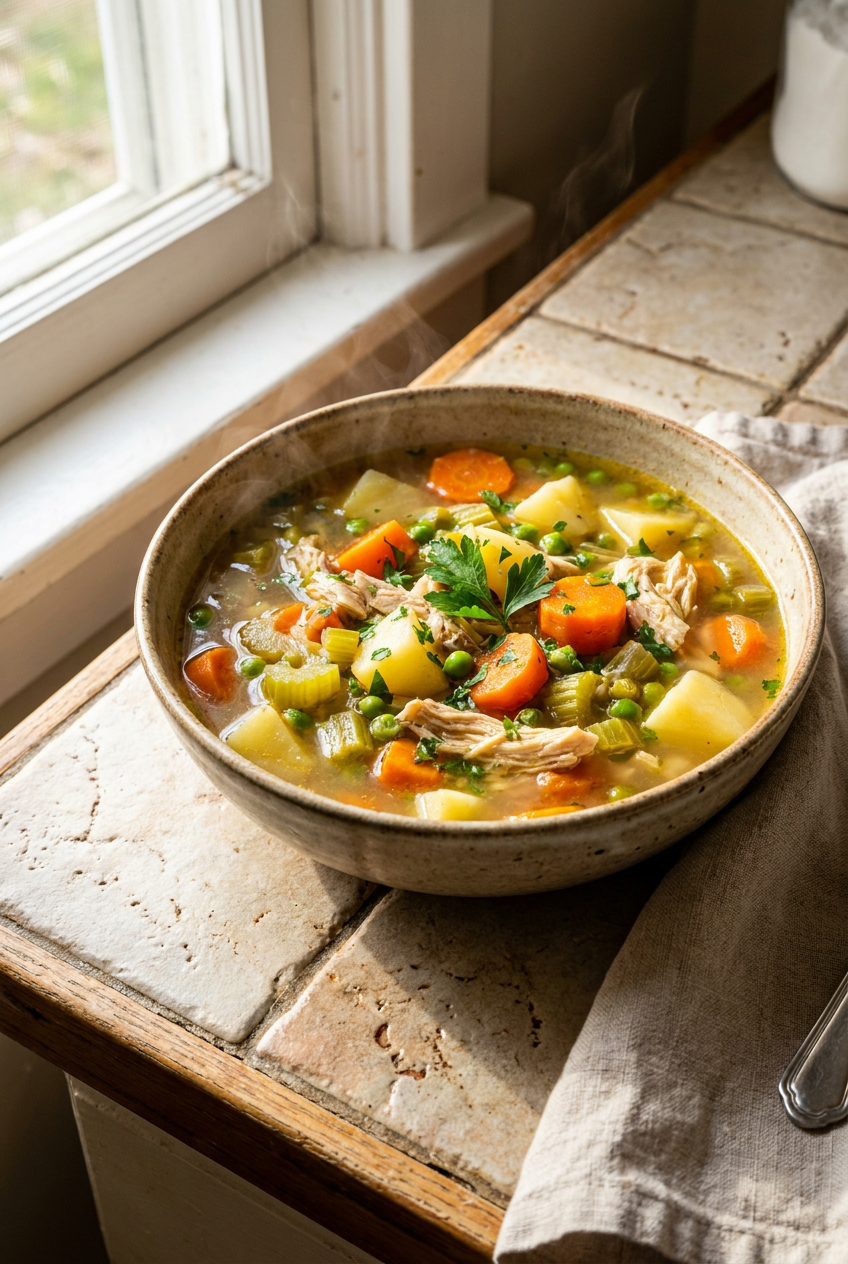 hearty chicken vegetable soup recipe - Hearty Chicken Vegetable Soup served in a white bowl overhead view