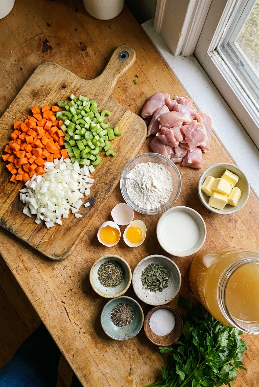 ingredients for Hearty Homestyle Chicken Dumpling Soup