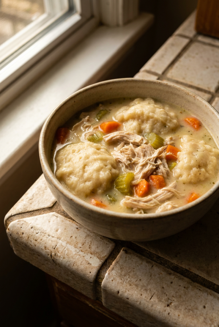 hearty homestyle chicken dumpling soup recipe - Hearty Homestyle Chicken Dumpling Soup served in a white bowl overhead view
